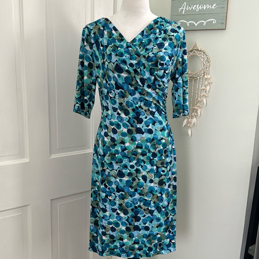 Connected Dress Blue Circles 6 Short-Mid Sleeve Stretch Sheath Washable Career